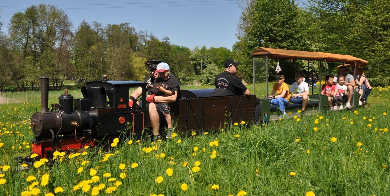 Die Sommerhofen-Parkbahn zieht ihre Runden durch blühende Frühlingswiesen und begeistert große und kleine Fahrgäste.