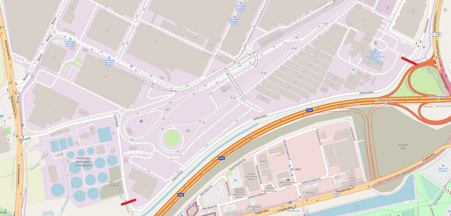 Die Käsbrünnlestraße ist zwischen den beiden roten Markierungen bis auf weiteres gesperrt. Grafik: Stadt Sindelfingen