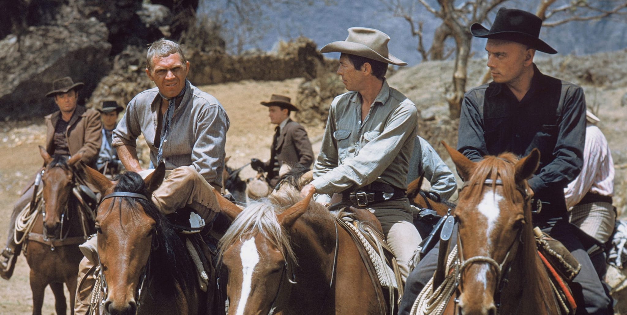 Steve McQueen, James Coburn und Yul Brynner in „Die glorreichen Sieben“.