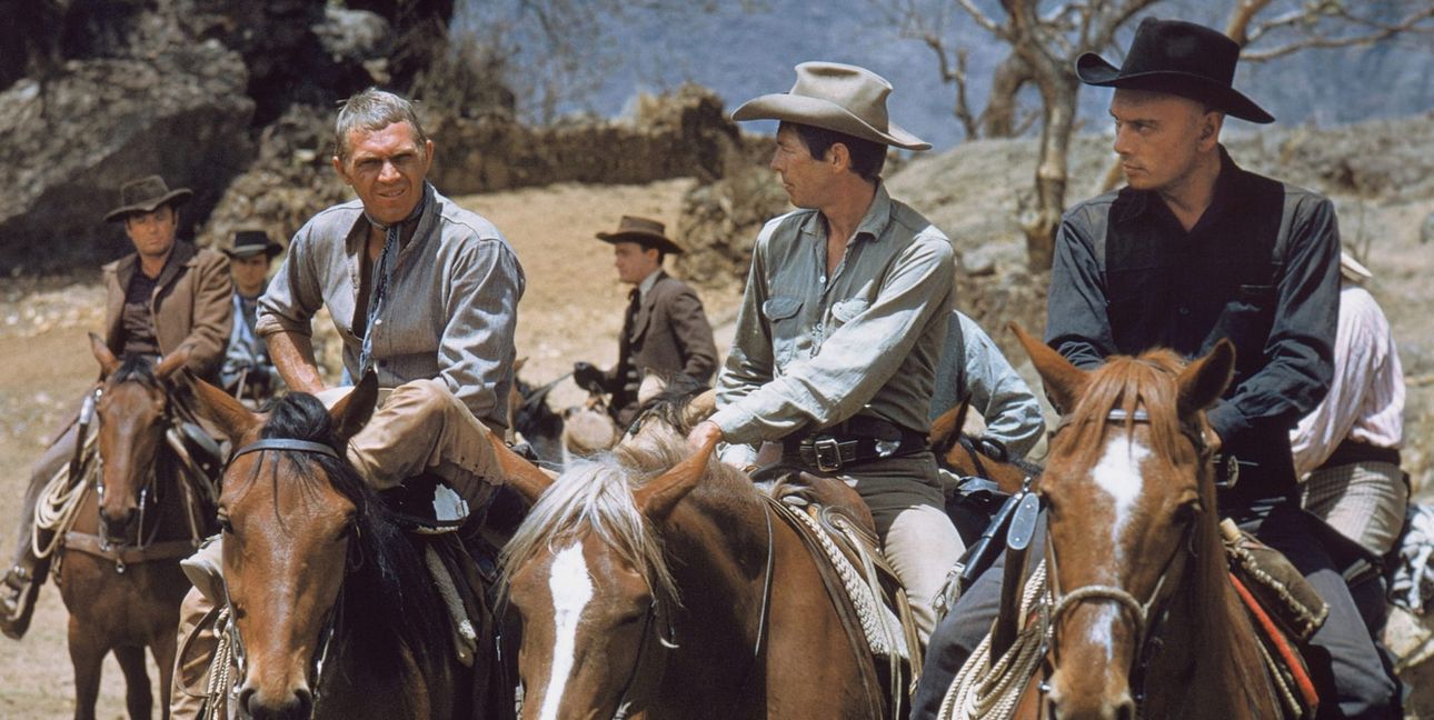 Steve McQueen, James Coburn und Yul Brynner in „Die glorreichen Sieben“.
