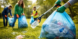 Freiwillige sammeln Müll in einer Grünanlage.