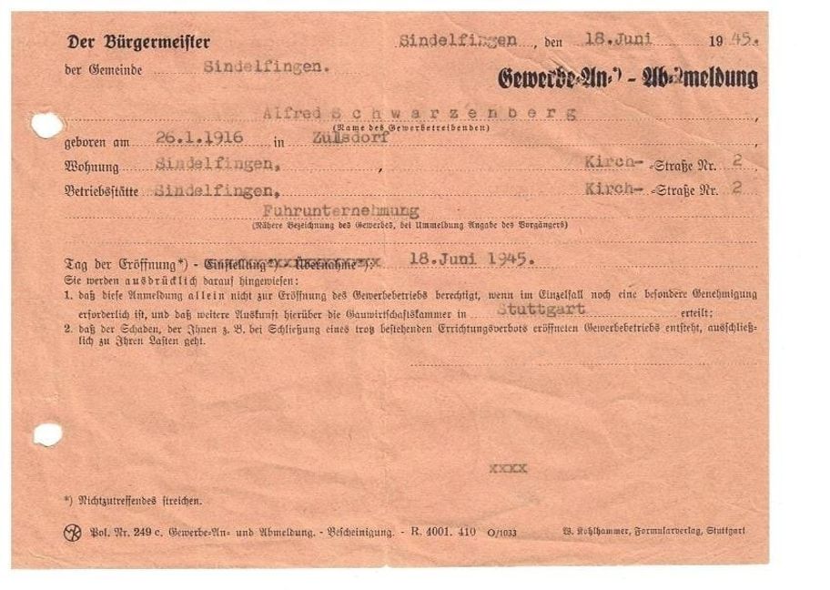 Gewerbeanmeldung am 18. Juni 1945