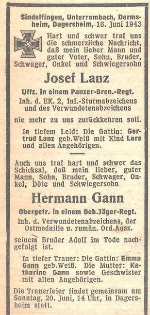 Zwei Todesanzeigen aud dem Juni 1943. Bild: z