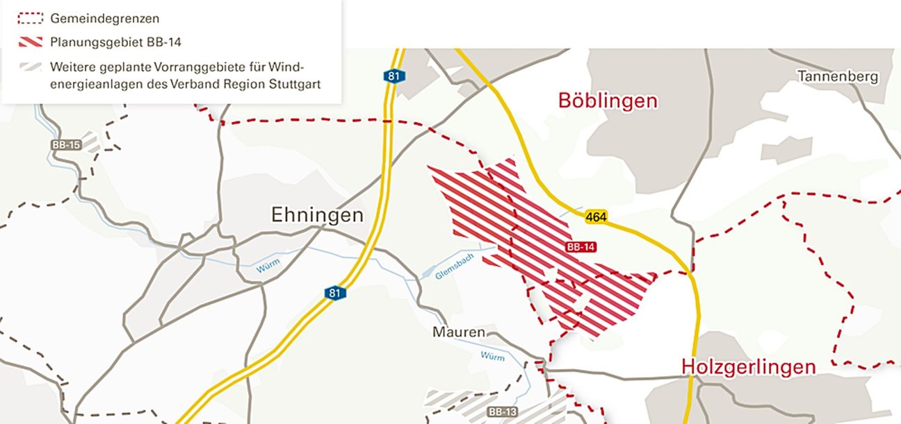 Der rot  schraffierte Bereich zeigt das Gelände auf Böblinger, Holzgerlinger und Ehninger Gemarkung, auf dem potenziell ein Windpark errichtet werden könnte.    Bild: z