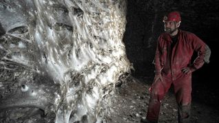 Ein Wissenschaftler vor dem riesigen Spinnennetz