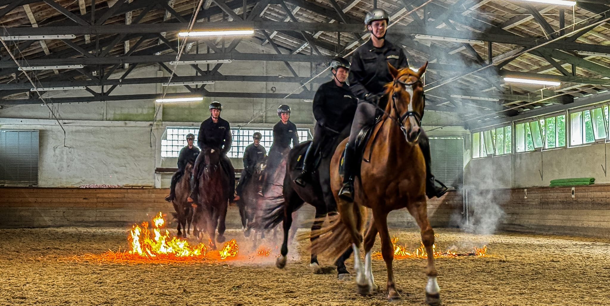 Furchtlos gehen die Polizeipferde mit ihren Reitern durch ein simuliertes Flächenfeuer in der Reithalle – eine realitätsnahe Übung, die Pferd und Reiter auf anspruchsvolle Einsatzsituationen vorbereitet.