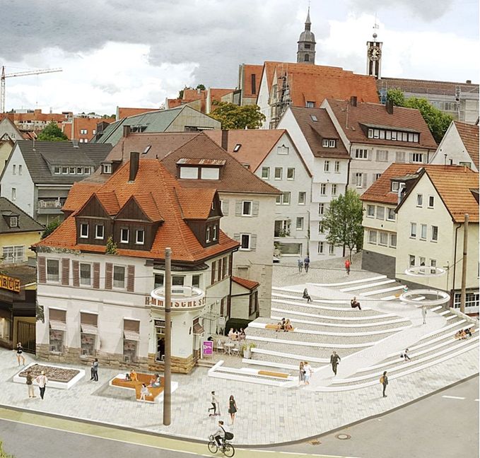 So könnte ein barrierefreier Aufgang am Seebuckel vom Elbenplatz zum Marktplatz einmal aussehen. Allerdings könnte der angedachte Umbau komplizierter sein, als ursprünglich gedacht. Denn im Untergrund liegen riesengroße Kabelbündel.  Bild: Bauchplan