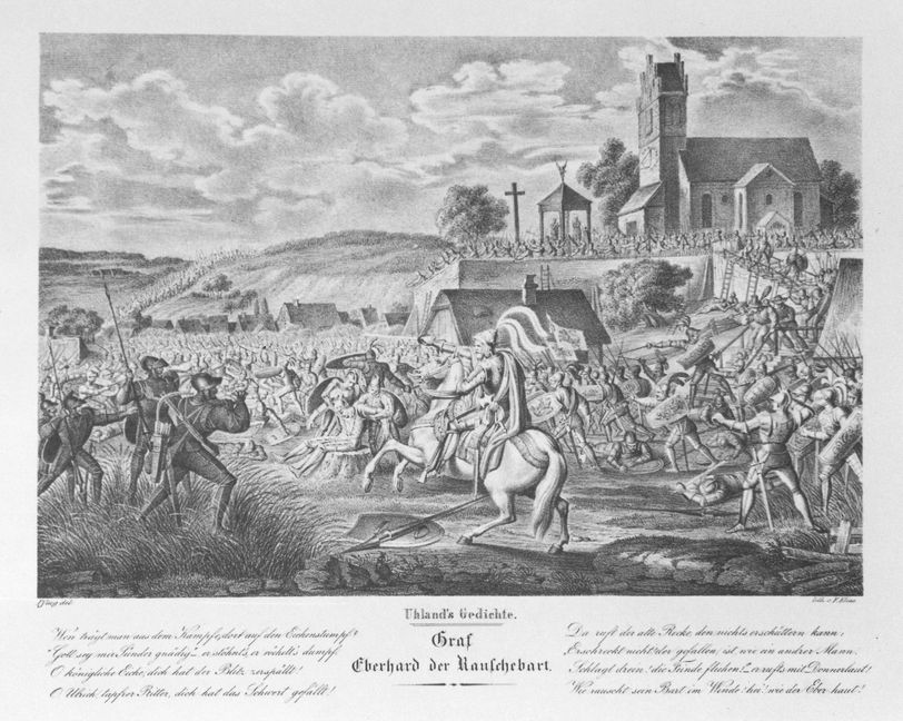 Der erschlagene Graf Ulrich ruht auf einem Baumstumpf, um ihn herum tobt die Schlacht.
Bild: Lithographie von Johann Baptist Pflug zu Uhlands Gedichten/privat