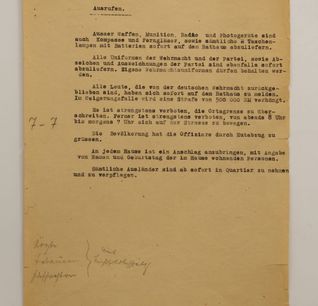 Informationen für die Bevölkerung, die ihr kurz nach Kriegsende per Ausrufen mitgeteilt wurden.