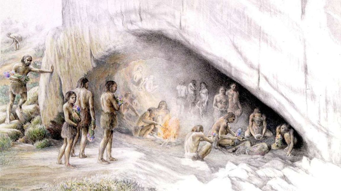 Künstlerische Darstellung einer Neandertaler-Sippe vor ihrer Höhlenbehausung.