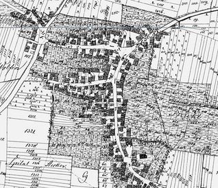 Der Ortsplan von 1830/1831. Rechts erstreckt sich die Sindelfinger Straße, die beiden Querstraßen sind die Brunnenstraße und Pfaffengasse.  Größer war Maichingen damals nicht. Folglich müsste der Löwe an einer der Straßen gestanden haben.