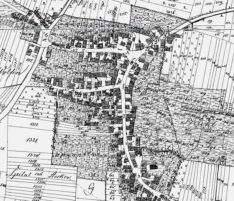 Der Ortsplan von 1830/1831. Rechts erstreckt sich die Sindelfinger Straße, die beiden Querstraßen sind die Brunnenstraße und Pfaffengasse.  Größer war Maichingen damals nicht. Folglich müsste der Löwe an einer der Straßen gestanden haben.