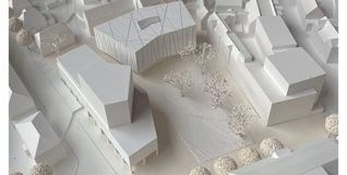 Einer der Pläne für das Post-Voba-Areal aus Blickrichtung Schule Gartenstraße: Links das Stadthaus, hinten das Kultur- und Bürgerzentrum, und zur Orientierung rechts das Geschäftshaus in der Unteren Vorstadt 5 mit der Bäckerei Sehne im Erdgeschoss.