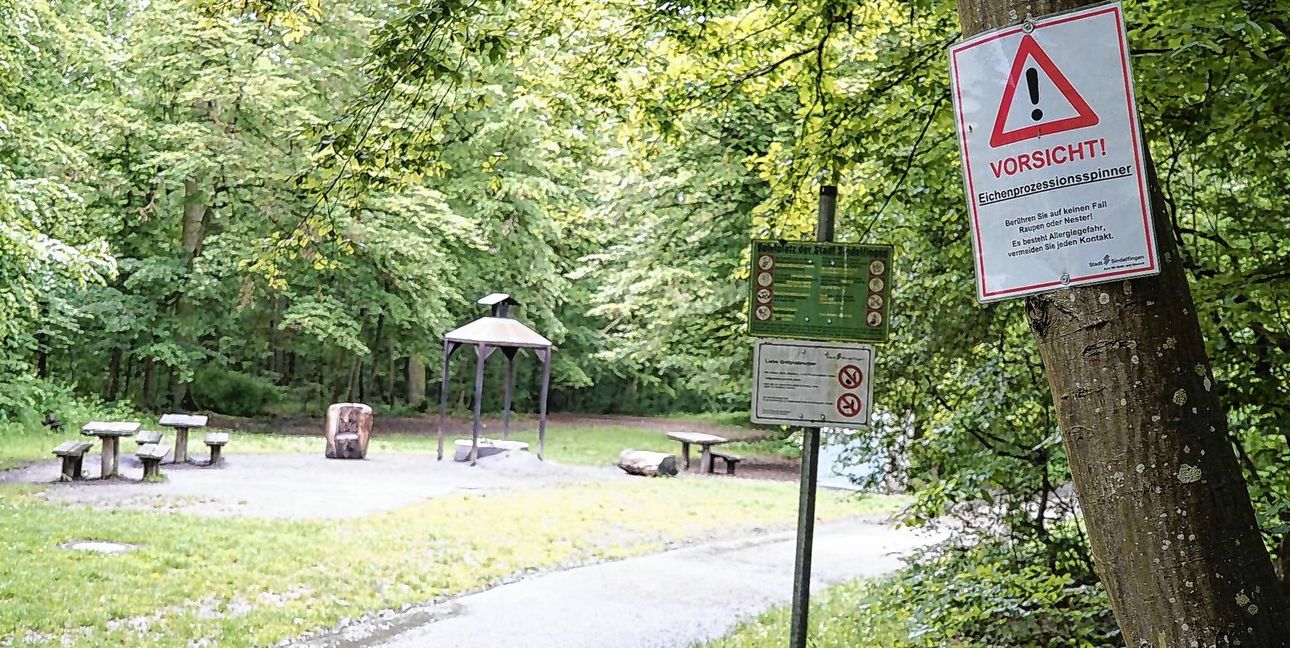 Raupen-Warnhinweise wie hier am Grillplatz am Täle sind derzeit typisch.