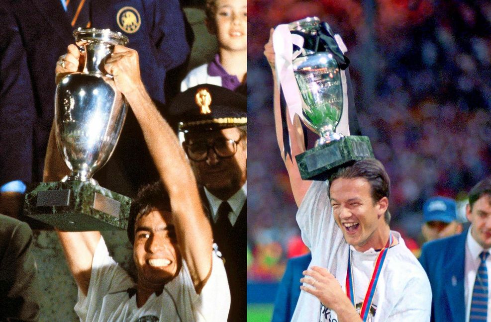 Zwei Europameister jubeln: Hansi Müller (li.) 1980 im Rom, Fredi Bobic 1996 in London.
Foto: dpa