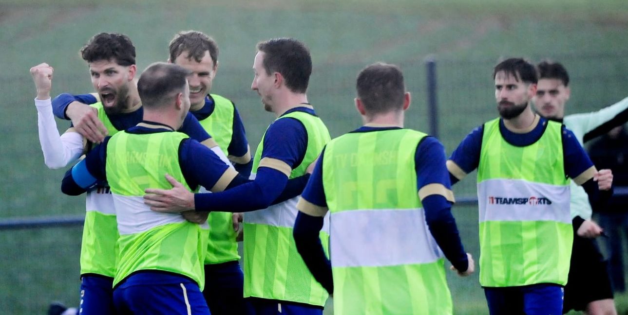 Der TV Darmsheim jubelt über das vorentscheidende Tor zum 4:2. Von links: Doppeltorschütze Andre Esteves, Simon Lindner, Simon Zweigle und Daniel Knoll.