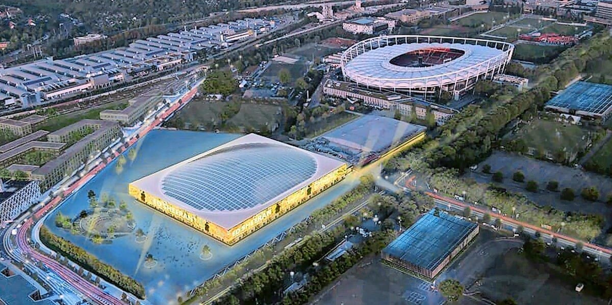 Ein Testentwurf zeigt die Lage und ungefähre Größe der neuen Arena neben dem Fußballstadion. Den Neubau kann Stuttgart wohl nicht mehr allein stemmen.