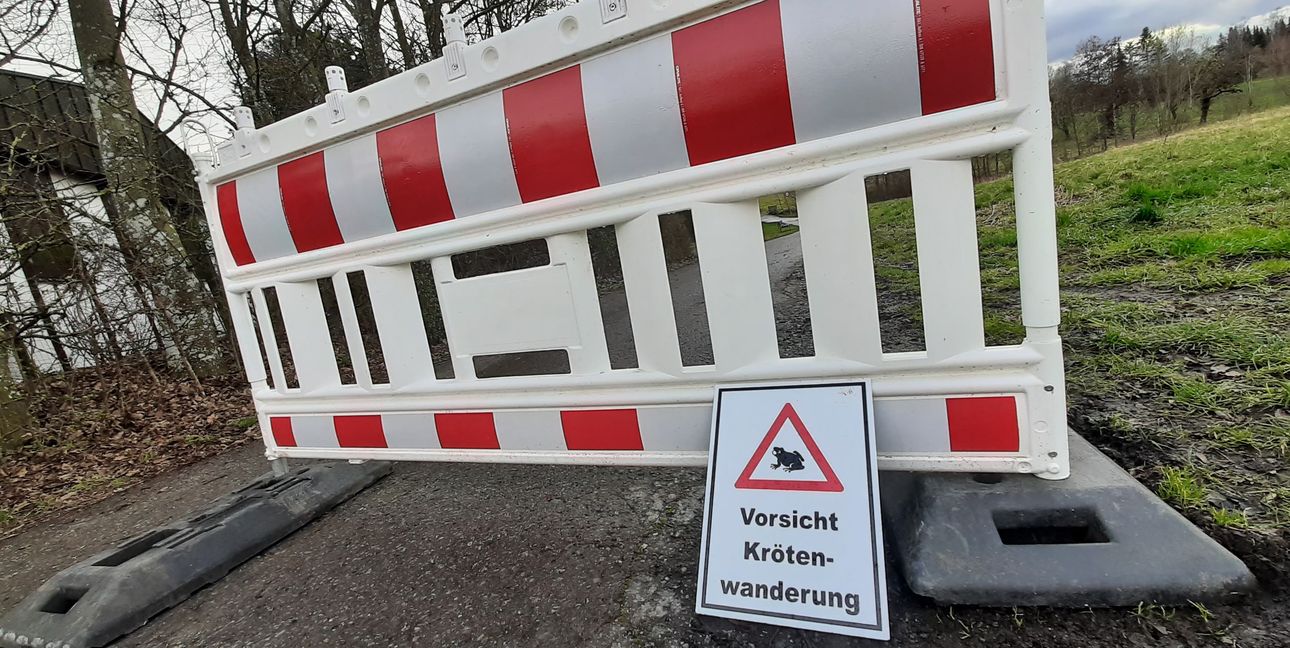 Wegen der Krötenwanderung gibt es aktuell eine Absperrung und ein Schild beim RSG-Heim am Böblinger Zimmerschlag . Bild: Elbers