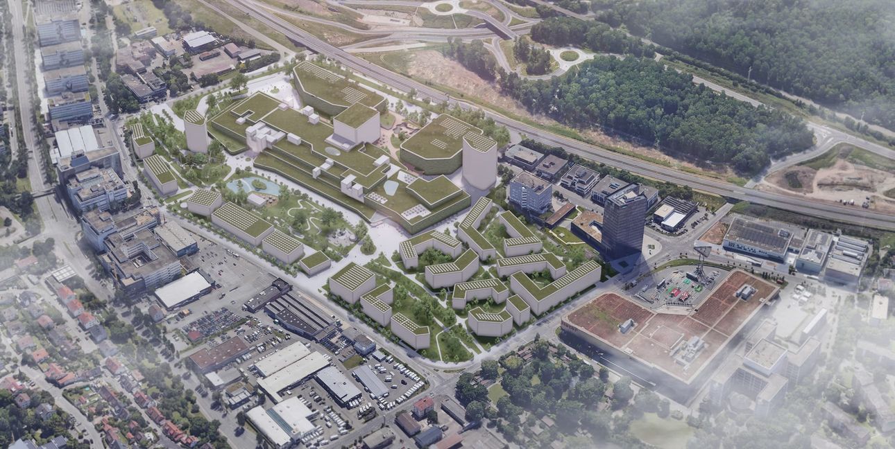 Die Visualisierung des Konzeptentwurfs Masterplan Goldbach-Quartier zeigt das geplante Viertel am Breuningerland aus der Perspektive eines Vogels, der aus Richtung Innenstadt anfliegt. In der rechten unteren Bildhälfte findet sich mit der rotbraunen Fläche in L-Form das Hofmeister-Dach. Das dicke graue, schräg in der oberen Bildhälfte verlaufende Band ist die A81. Wo heute noch das Breuningerland-Parkhaus steht, sehen die neuen Pläne eine grüne Parkanlage mit kleinem See vor.Bild: z