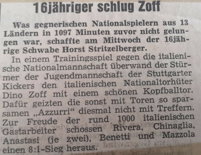 Bilder vom Spiel der italienischen WM-Mannschaft gegen die Kickers-Jugend sind nicht zu finden. Aber dieser Zeitungsgausriss hält das Tor von Horst Stritzelberger fest.