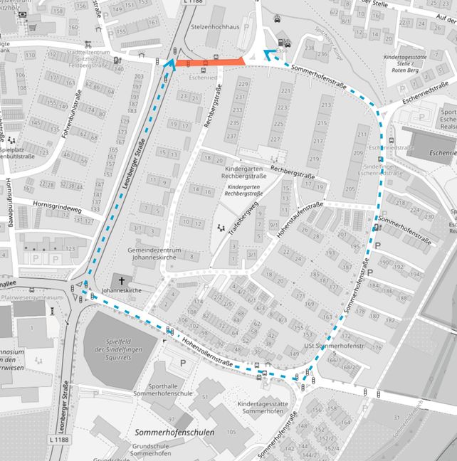 Die Grafik zeigt die Sperrung der Sommerhofenstraße und Umleitung.