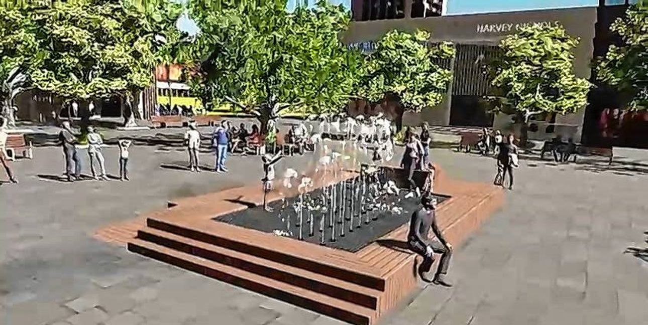 Die Grafik zeigt das neue Wasserspiel, das auf dem Grünen Platz platziert wird.