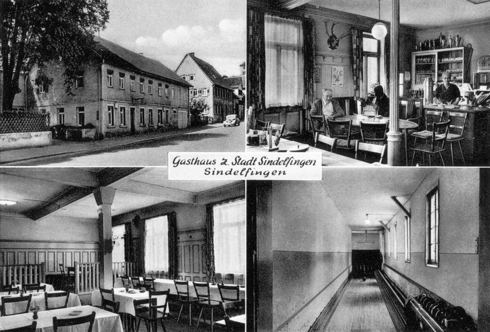 Die Postkarte des Gasthauses „Stadt Sindelfingen“ Mitte der 1950er Jahre. Am Tresen die damalige Wirtin Rosa Bausch, am Stammtisch ihr Mann Paul Bausch.  Bild: Archiv Auer/Bausch