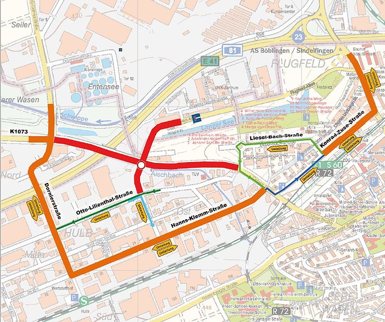 Hier sieht man die Umleitungen, die ab heute Abend um 20 Uhr gelten. Grafik: Stadt Böblingen