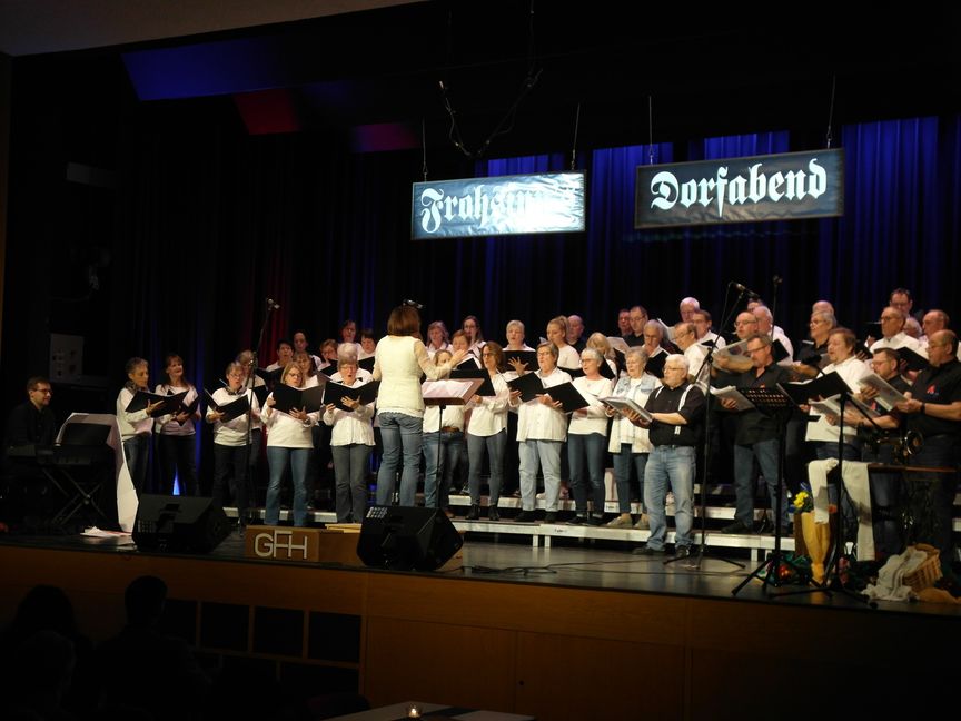 Beim 65. Dorfabend des Gesangsvereins Frohsinn Holzgerlingen haben sich vier Chöre unter der musikalischen Leitung von Judith Erb-Calaminus präsentiert, standen für Songs wie „Into the West“ oder „Bohemian Rhapsody“ auch gemeinsam auf der Bühne der Holzgerlinger Stadthalle und haben damit über 350 Besucher emotional berührt und begeistert. Bild: Staber