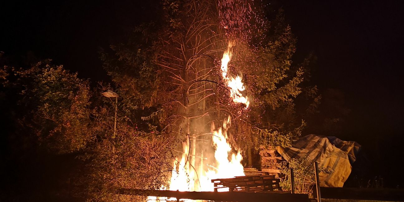 Als die Feuerwehr eintrifft steht der Baum und der Holstapel in Flammen. Bild: SDMG/Dettenmeyer
 SDMG
