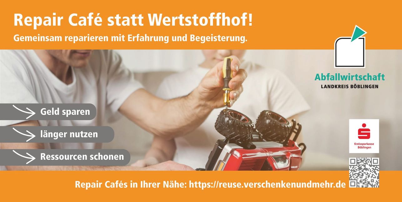 Mit diesem Plakat laden die Repair Cafés  dazu ein, kaputte Alltagsgegenstände vorbei zu bringen.