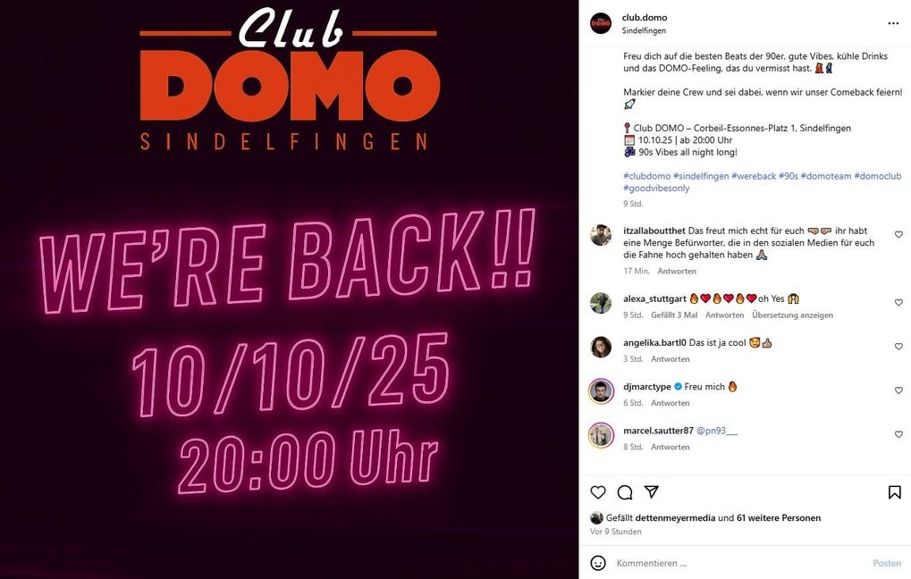 Per Instagram informiert der Betreiber über die Wiedereröffnung.