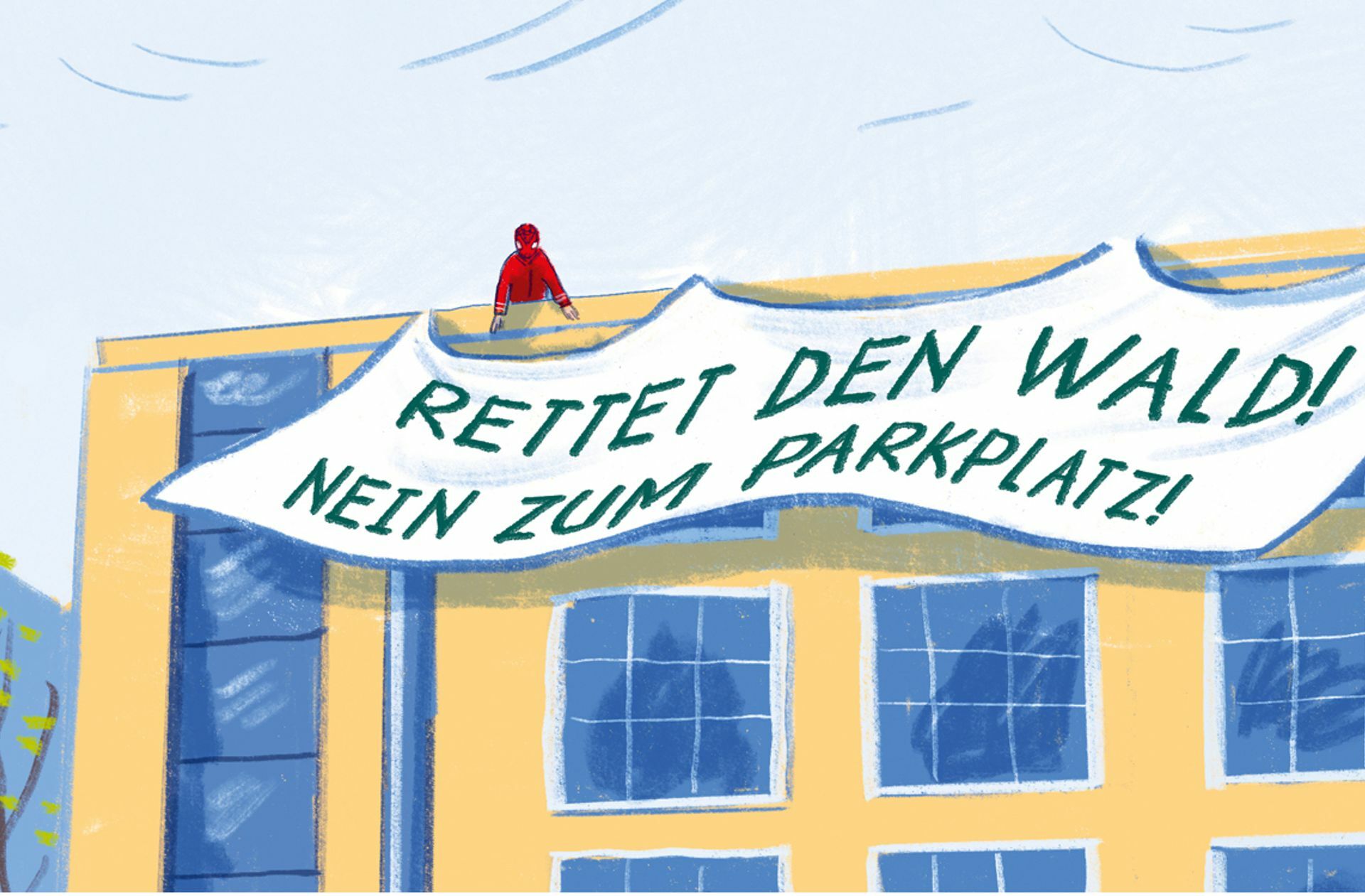 Als Spiderman verkleidet, bringt Boa ein Transparent auf dem Dach ihrer Schule an – keine ungefährliche Aktion, doch die Zeit drängt.