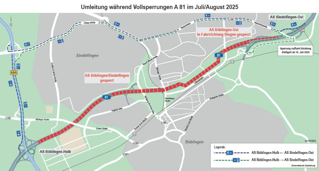 Die Umleitung während der A81-Vollsperrungen.