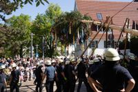Kaiserwetter und Jubiläumsbier: So war das Maibaumstellen der Feuerwehr beim Maichinger Bürgerhaus.