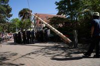 Kaiserwetter und Jubiläumsbier: So war das Maibaumstellen der Feuerwehr beim Maichinger Bürgerhaus.