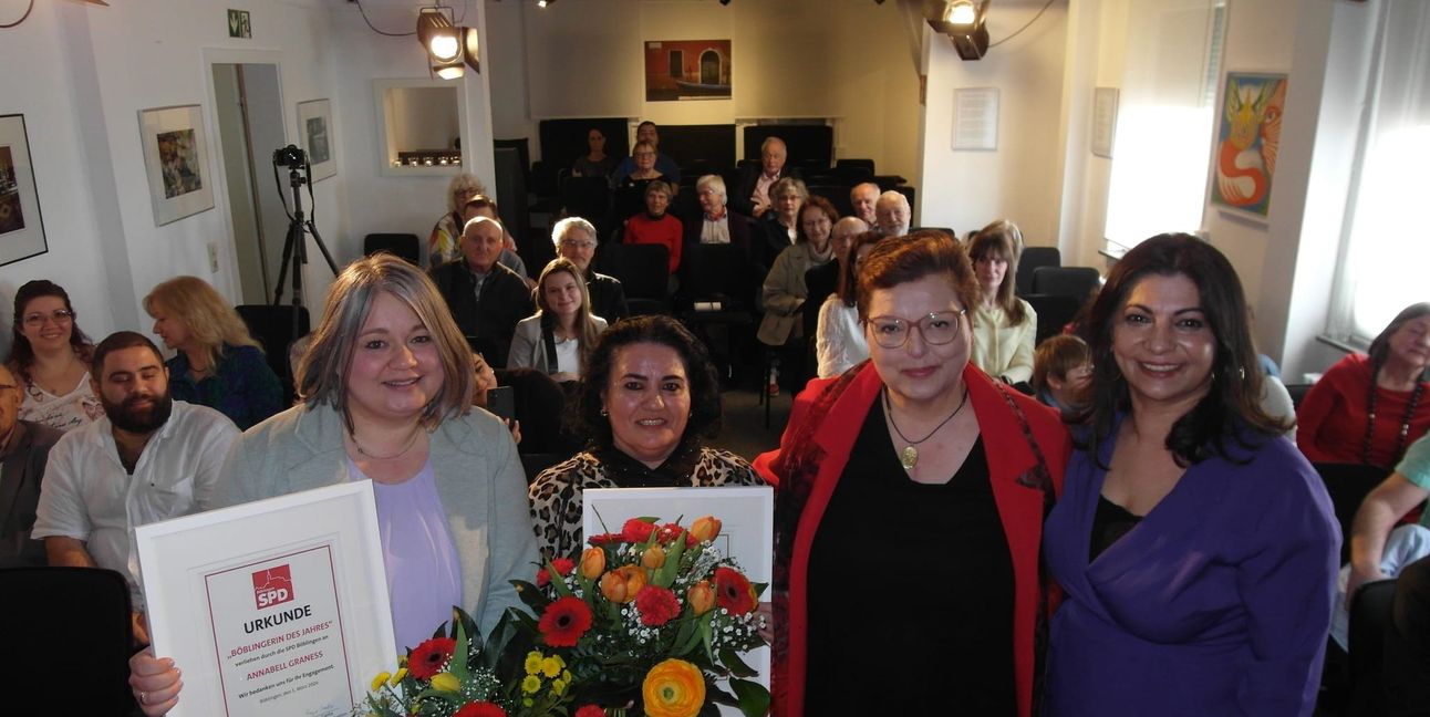 Von links: Annabell Graness („Böblingerin des Jahres 2026“), Ciseli Yldirim (Mutter der zweiten „Böblingerin des Jahres 2026“ Oya Yldirim), SPD-Stadträtin Gerlinde Feine, Derya Türk-Nachbaur (Geschäftsführerin der SPD-Bundestagsfraktion). 	Bild: Staber