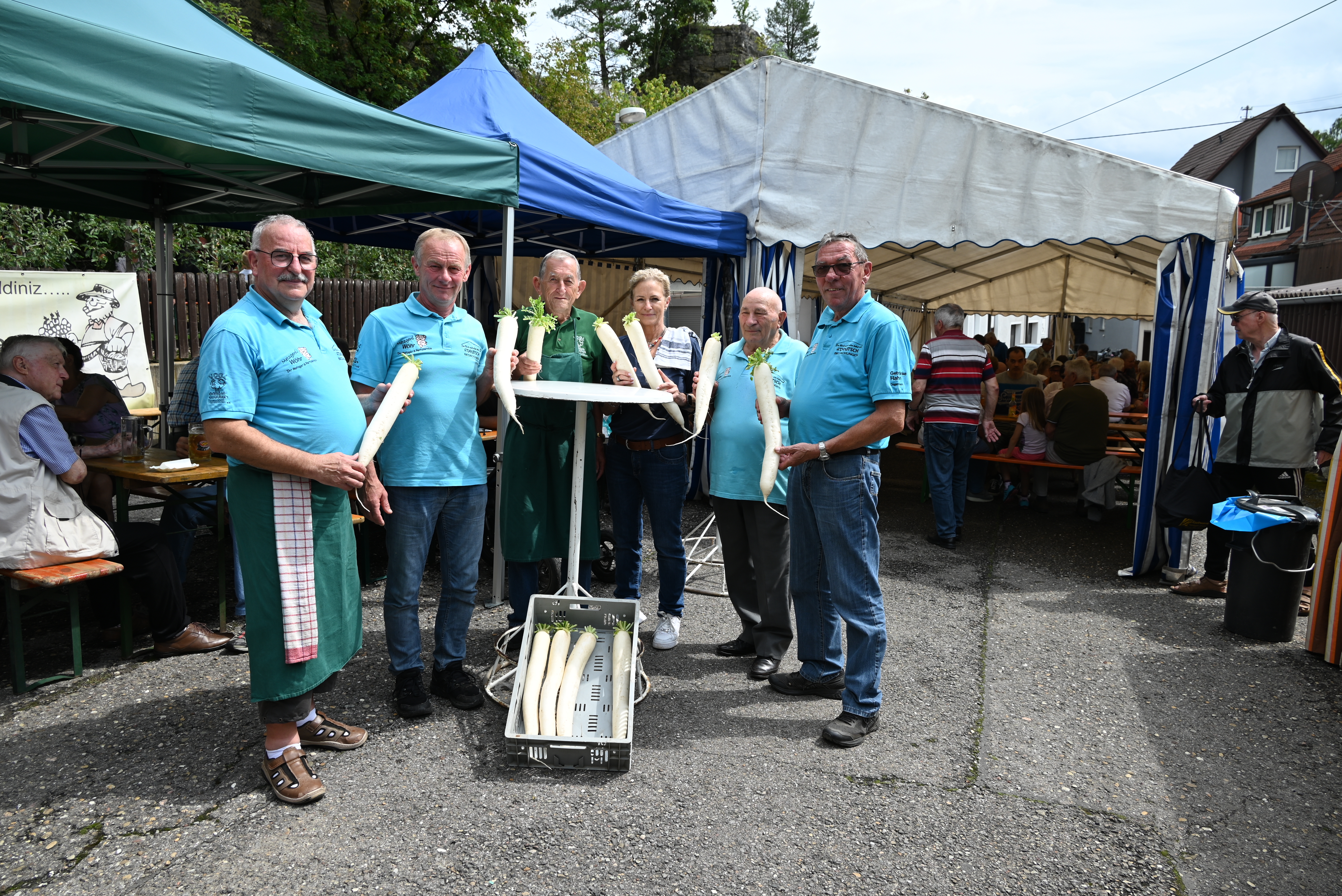 Beim Rettichfest am Sonntag (von links): Rainer Löffler, Elmar Sautter, Helmut Schlecht, Uschi Rebmann, Vincenco Mangiameli und Rudi König kümmern sich um die Rettiche und ihre Verarbeitung.   Bild: Nüßle