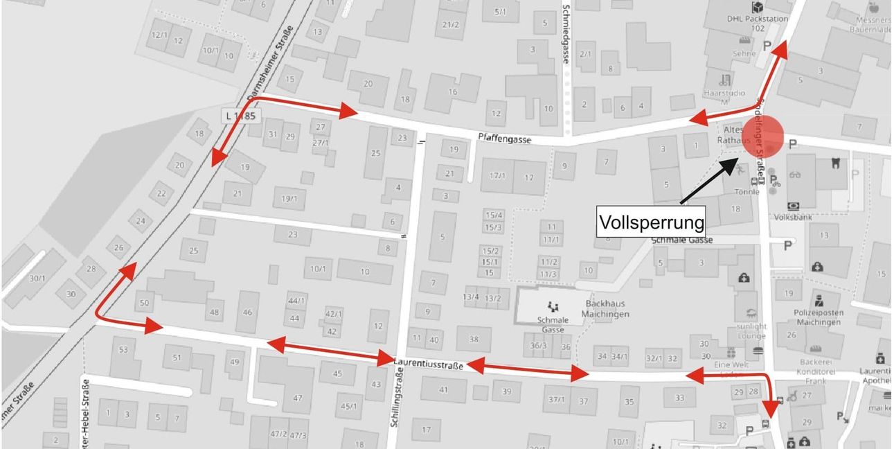 Unsere Karte zeigt die Umleitung wegen der Sperrung der Sindelfinger Straße in Maichingen ab nächsten Mittwoch.