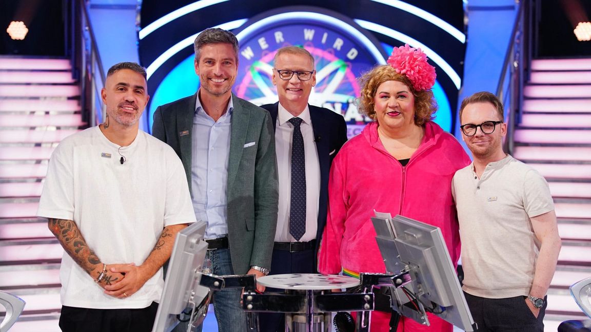 Am 21.11. kehrt "Wer wird Millionär" für ein Promi-Special zurück. V.l.: Bushido, Ingo Zamperoni, Günther Jauch, Cindy aus Marzahn und Ralf Schmitz