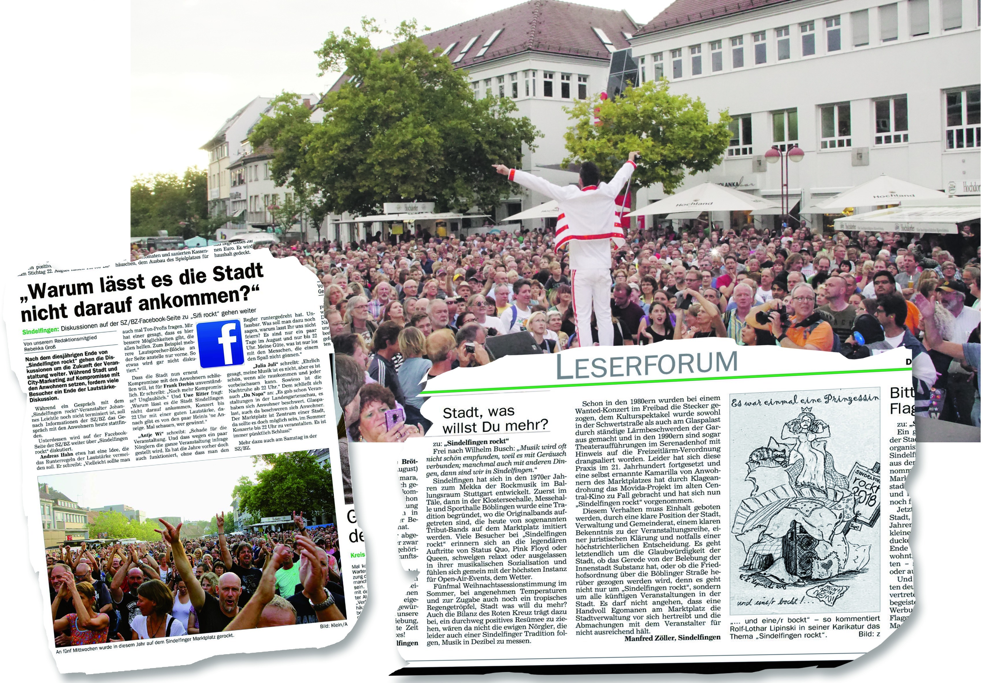 Die Steine des Anstoßes: ein Leserbrief und ein Artikel über Reaktionen auf die Konzerte von „Sindelfingen rockt“.  Bild: SDMG/Dettenmeyer/A/ Montage: Lamkowski