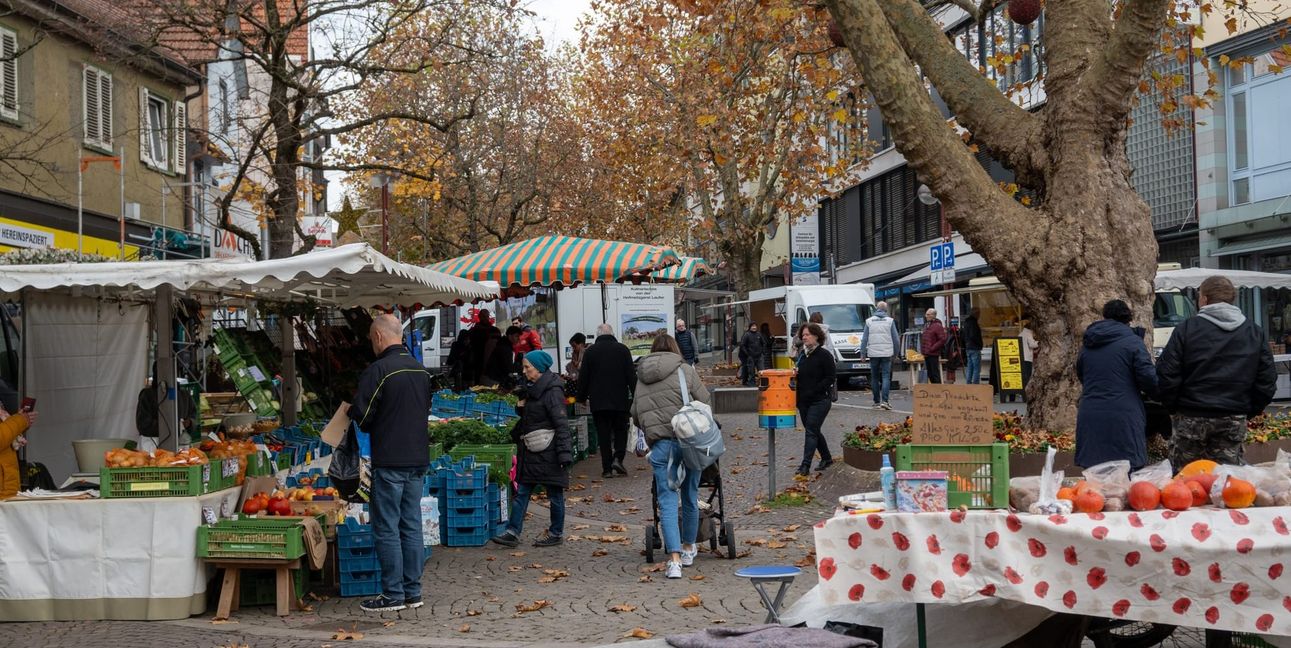 Wegen der Martkplatz-Baustelle müssen Markstände derzeit auf das Planiedreieck ausweichen.