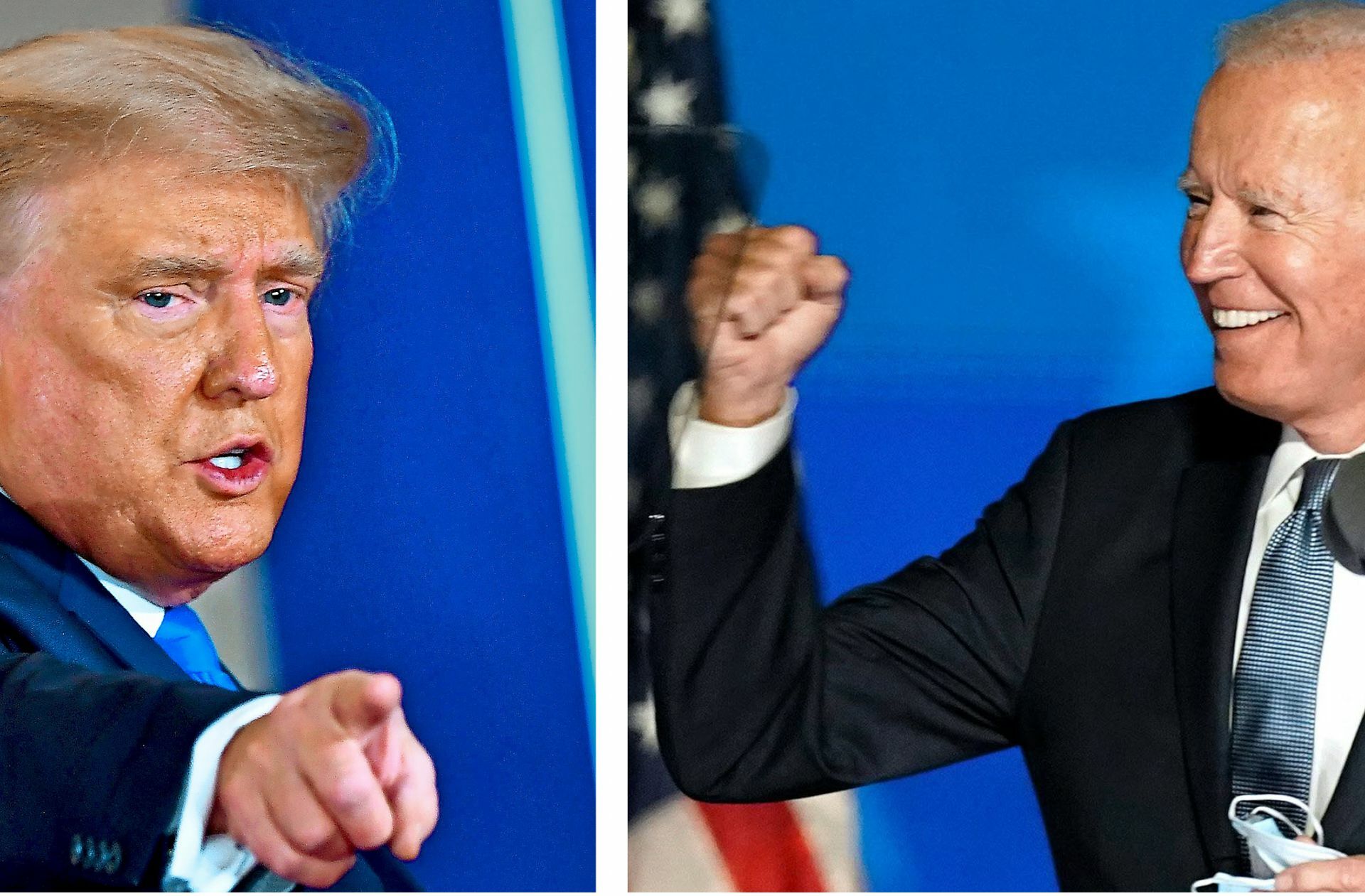 Während  Donald Trump (links) schon siegesgewiss  seine Faust reckt, versucht sein  Herausforderer Joe Biden nach der Wahlnacht  Optimismus zu verbreiten.