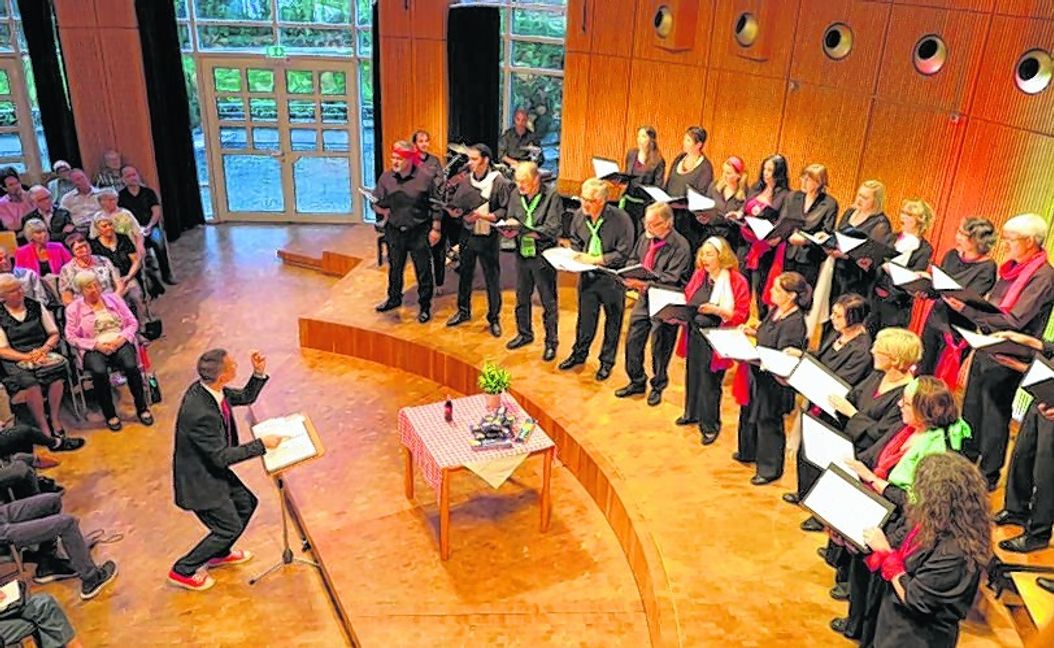 Der Sindelfinger Kammerchor unter der Leitung von Markus Nau (Mitte) sorgte für einen bunten Abend mit Choreografie und Schwung.  Bild: Groß