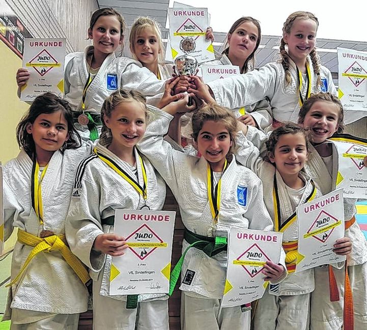 Neun Hände am Pokal: die erfolgreichen Judo-Mädchen des VfL Sindelfingen bei der Landesmeisterschaft in Backnang.  Bild: Vilz