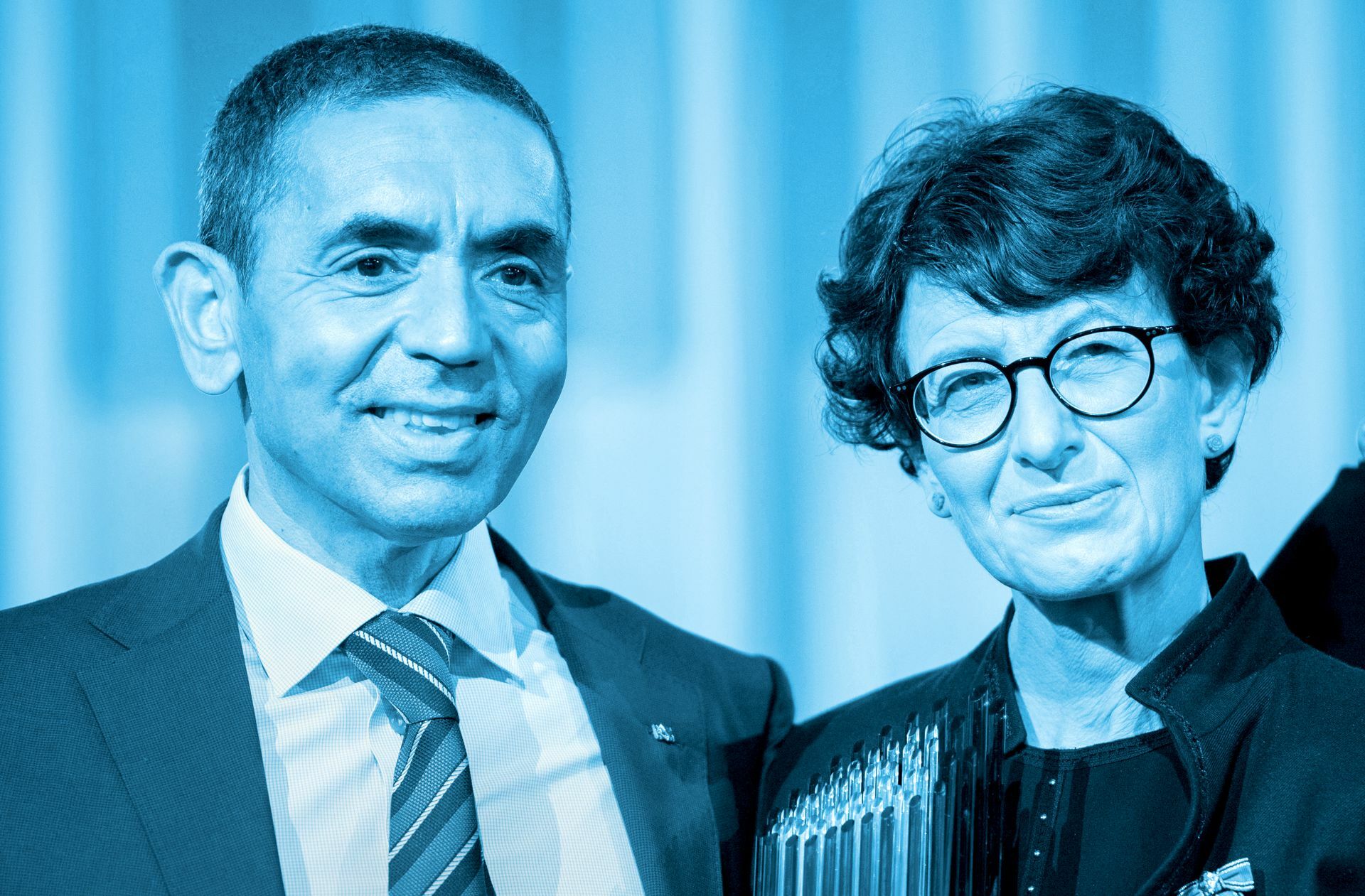 Ugur Sahin und Özlem Türeci (re.), die Köpfe hinter Biontech.
 Foto: dpa/Christophe Gateau