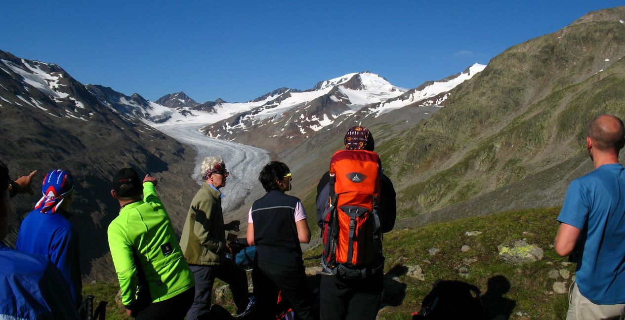 Wandergruppe der Böblinger Alpinisten in den Ötztaler Alpen mit dem Hintereisferner und der Weißkugel im Hintergrund. Bild: z