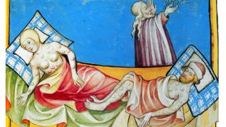 Illustration des Schwarzen Todes aus der Toggenburg Bibel, um 1411.