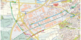 Das Bild zeigt die verschiedenen ausgewiesenen Umleuitungsstrecken im Industriegebiet Hulb.