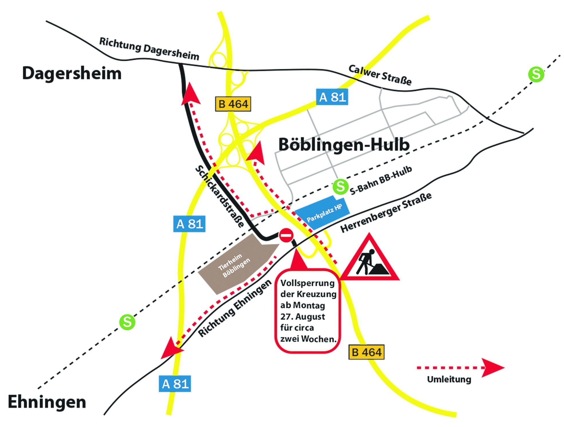 Die Tierheim-Kreuzung in Böblingen ist ab dem 26. August komplett gesperrt. Grafik: Schillack
